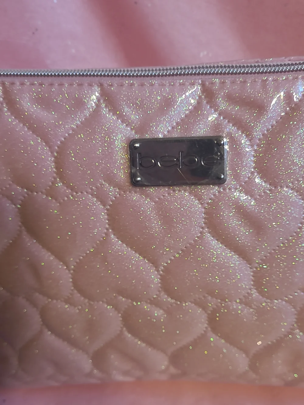 Bebe Quilted Glitter Pink Cosmetic Pouch comes With Two 1.6oz Toiletry Bottles